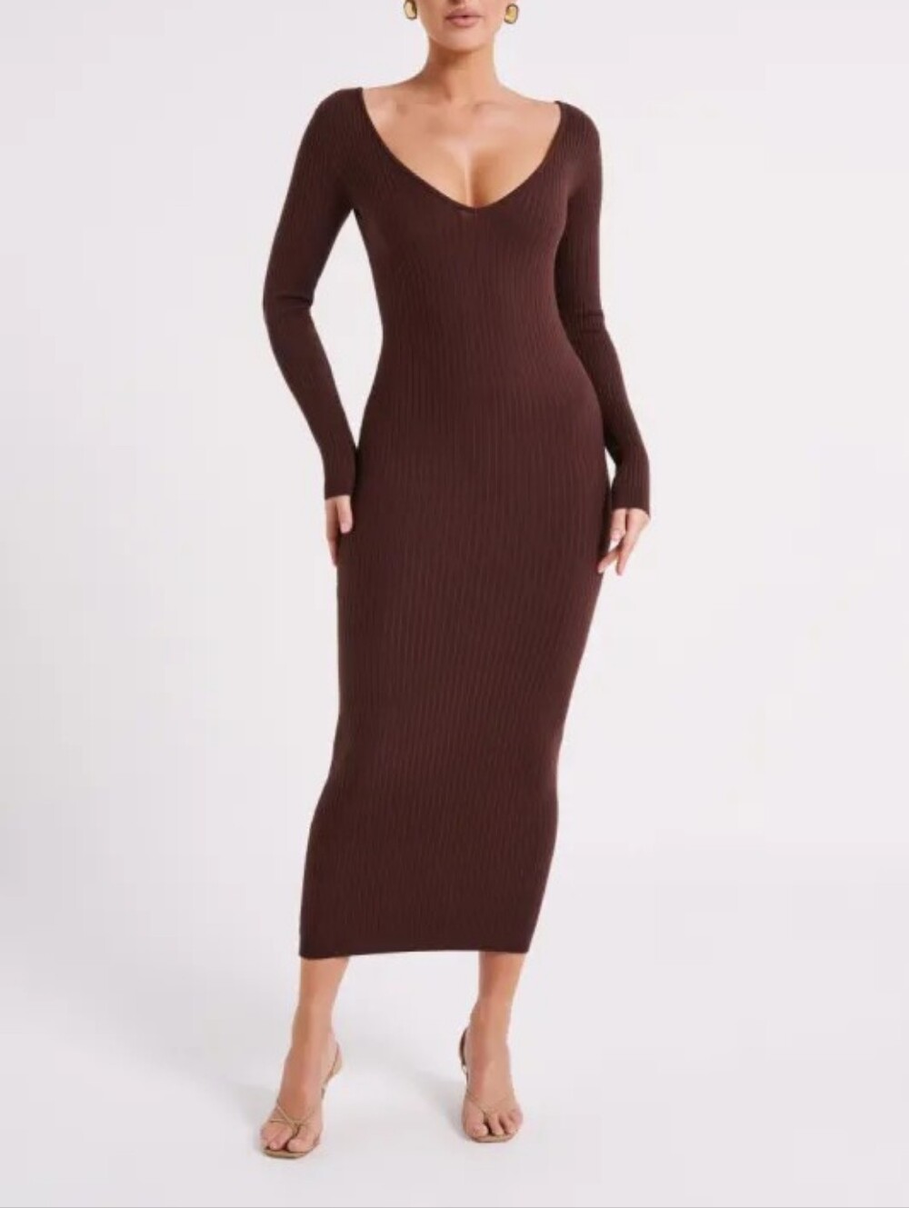 Meshki Rib Knit Brown Midi Dress